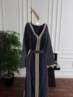 قفطان كحلي فاخر بتطريز ذهبي وقماش تفته ناعم - إطلا...