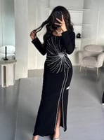 فستان اسود طويل فخم سهره خامة لكرى تطريز كرستال يد...