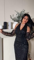 فستان سهره لونين قماش تل مطرز كامل مع كم منفصل