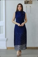 فستان سهرة باربي بتطريز ورد ليزر – كحلي وبيج