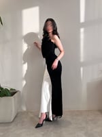 فستان سهره ناعم اسود وابيض خامه كريب على صدر فيونك...