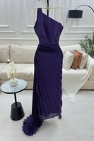 فستان سهرة ناعم كرنكل زيتي وبنفسجي بذيل جانبي