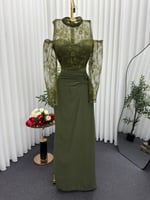 فستان سهرة زيتي ملكي دانتيل وشيفون - تصميم عصري بك...