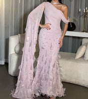 فستان سهرة لحمي + ليموني + زيتوني شيفون ناعم تطريز...