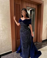 فساتين سوارية سهره طويل كحلي جوخ مطرز فصوص كامل عل...