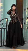 فستان العيد شيفون اسود وبني مطرز فصوص زركون