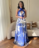 فستان سهرة مشجر لونين كحلى وتفاحي