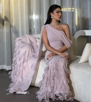 فستان سهرة لحمي + ليموني + زيتوني شيفون ناعم تطريز...