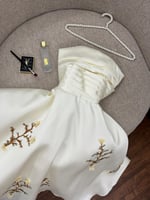 فستان سهرة بيج خامة ميكادو صدر كسرات