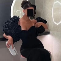 فستان سهرة ناعم اسود بخامة باربي على جاكت ورد