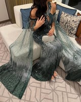 فستان سهرة اخضر تطريز شيك كامل كم طويل