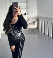 فستان اسود طويل فخم سهره خامة لكرى تطريز كرستال يد...