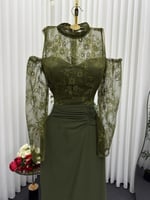 فستان سهرة زيتي ملكي دانتيل وشيفون - تصميم عصري بك...