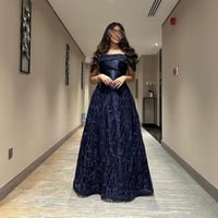 فستان سهرة طويل كحلي خامه تل مطرز كمبيوتر مع فصوص