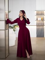 فستان سهرة كريب ناعم لون عودي بفتحة صدر V وأكمام ك...