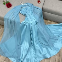 فستان سهرة لون سماوي خامة شانطون صدر مطرز لولو على...