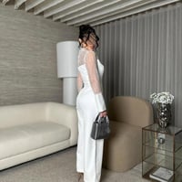 جمبسوت العيد أبيض فخم باربي بأكمام شفافة مطرزة