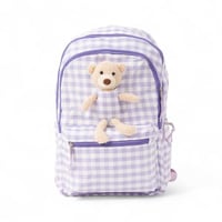 شنطة ظهر مدرسية بناتي بتصميم مربعات ودمية دب بلون...