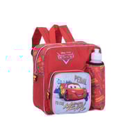 شنطة ظهر مدرسية مع زمزمية بتصميم سيارات لون احمر م...