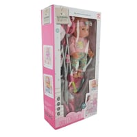 لعبة دمية مع عربة اطفال قابلة للطي لون زهري