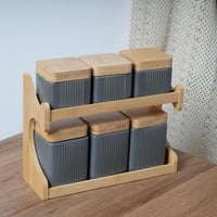 طقم علب بهارات مع استاند لون رمادي و بيج - 7 حبات