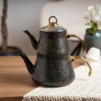 طقم ابريق شاي بتصميم عصري لون اسود وذهبي مقاس 27x2...