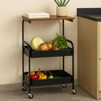 رفوف تخزين ترولي مع سطح خشبي لون أسود - 3 أدوار