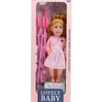 لعبة دمية مع عربة اطفال قابلة للطي لون وردي