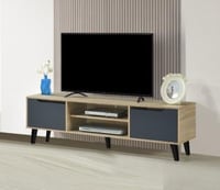 طاولة تلفزيون بلون خشبي ورمادي مع أرفف وأدراج تخزي...