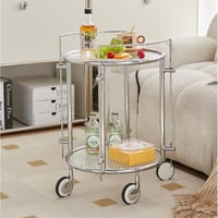 عربة خدمة ترولي دائرية قابلة للطي باللون الفضي مقا...