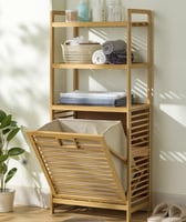 رفوف تخزين حمام عمودي من الخيزران مع سلة غسيل قابل...