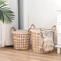 سلال تخزين أنيقة من القش والكتان (طقم 3 قطع)