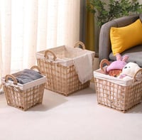 سلال تخزين أنيقة من القش والكتان -طقم 3 قطع