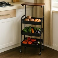 رفوف تخزين ترولي مع سطح خشبي لون أسود - 4 أدوار