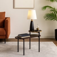 طاولة جانبية خشبية بتصميم فريد مع رف علوي معدني ذه...