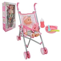 لعبة دمية مع عربة اطفال قابلة للطي لون زهري