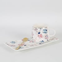 فنجان قهوة بنقش ورد لون وردي وازرق من البورسلين مع...