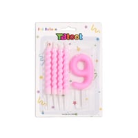 شمعة عيد ميلاد بتصميم رقم 9 باللون الوردي مع 4 شمع...