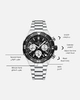 ساعة رجالية كرونوغراف فضي اطار أسود ميناء أسود