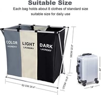 سلة غسيل الملابس بسعة 135 لتر، 3 اقسام، سلة فرز ال...