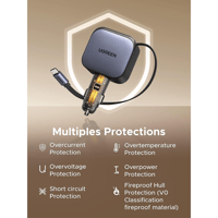 شاحن سيارة يوجرين بسلك قابل للسحب بمنفذ USB-C ومنف...