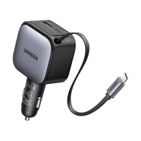 شاحن سيارة يوجرين بسلك قابل للسحب بمنفذ USB-C ومنف...