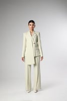 طقم بدلة من الفستقي الفاتح بياقة مزدوجة ممتدة وزري...