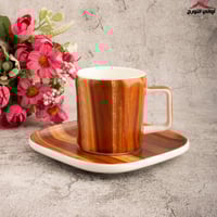 طقم كوب مع صحن على شكل خشب