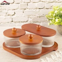 طقم صحون مكسرات زجاج بغطاء وقاعدة خشب