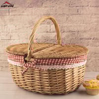 سلة خيزران بيضاوي بغطاء وقماش كروهات احمر