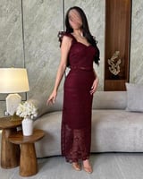 فستان عنابي فاخر قطعتين خامة دانتيل