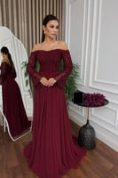 فستان سهره ناعم طويل لون عنابي خامة دانتيل شيفون