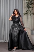 فستان سهرة أسود طويل ذيل شانطون - فساتين سهره فخمة