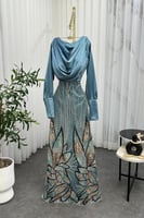 فستان سهره سماوي مطرز اكمام طويلة